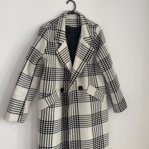 SHEIN Self Tie Plaid Pocket Black and White Coat - Picture 3 of 10